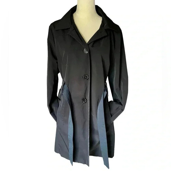 London Fog Belted Button Front Hooded Trench Coat Black Women Size L - Picture 4 of 11
